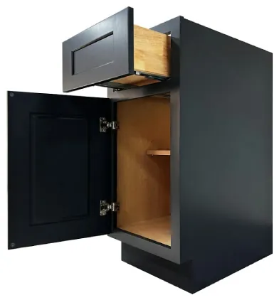 Shaker base cabinet with the door and drawer open