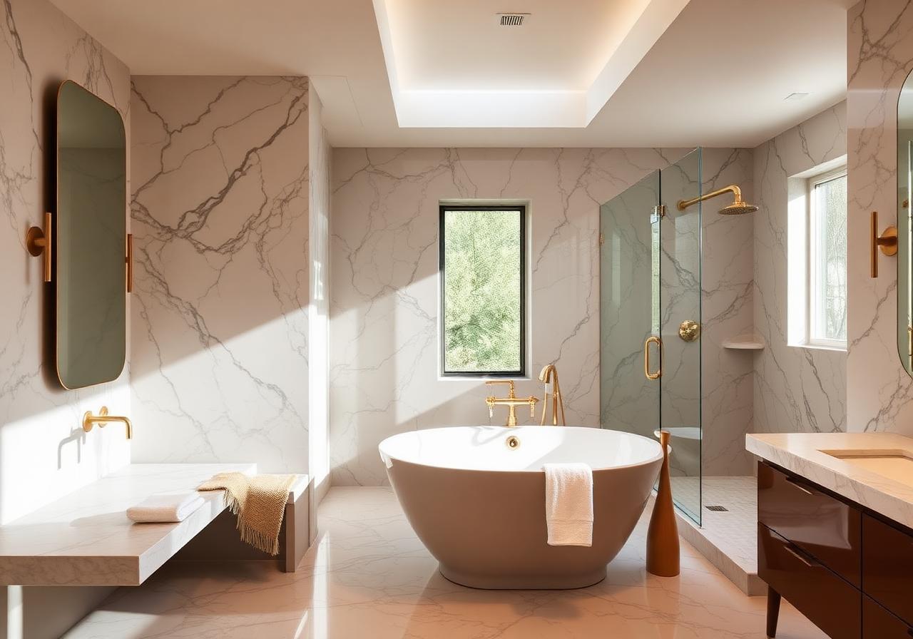 Luxury marble bathroom remodel with freestanding tub and brass fixtures